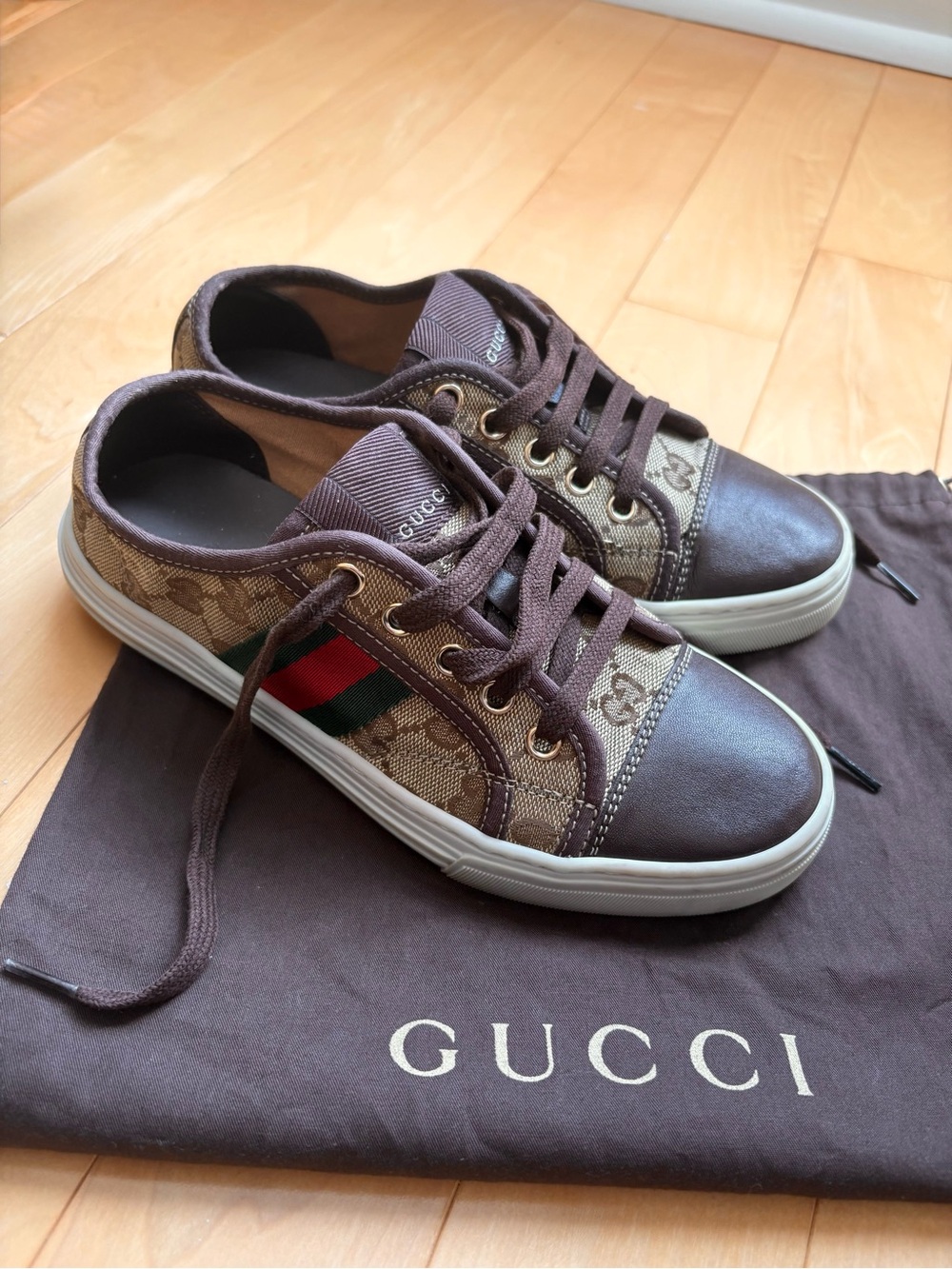 Gucci Brown Logo Canvas Low-Top Real Leather Sneakers